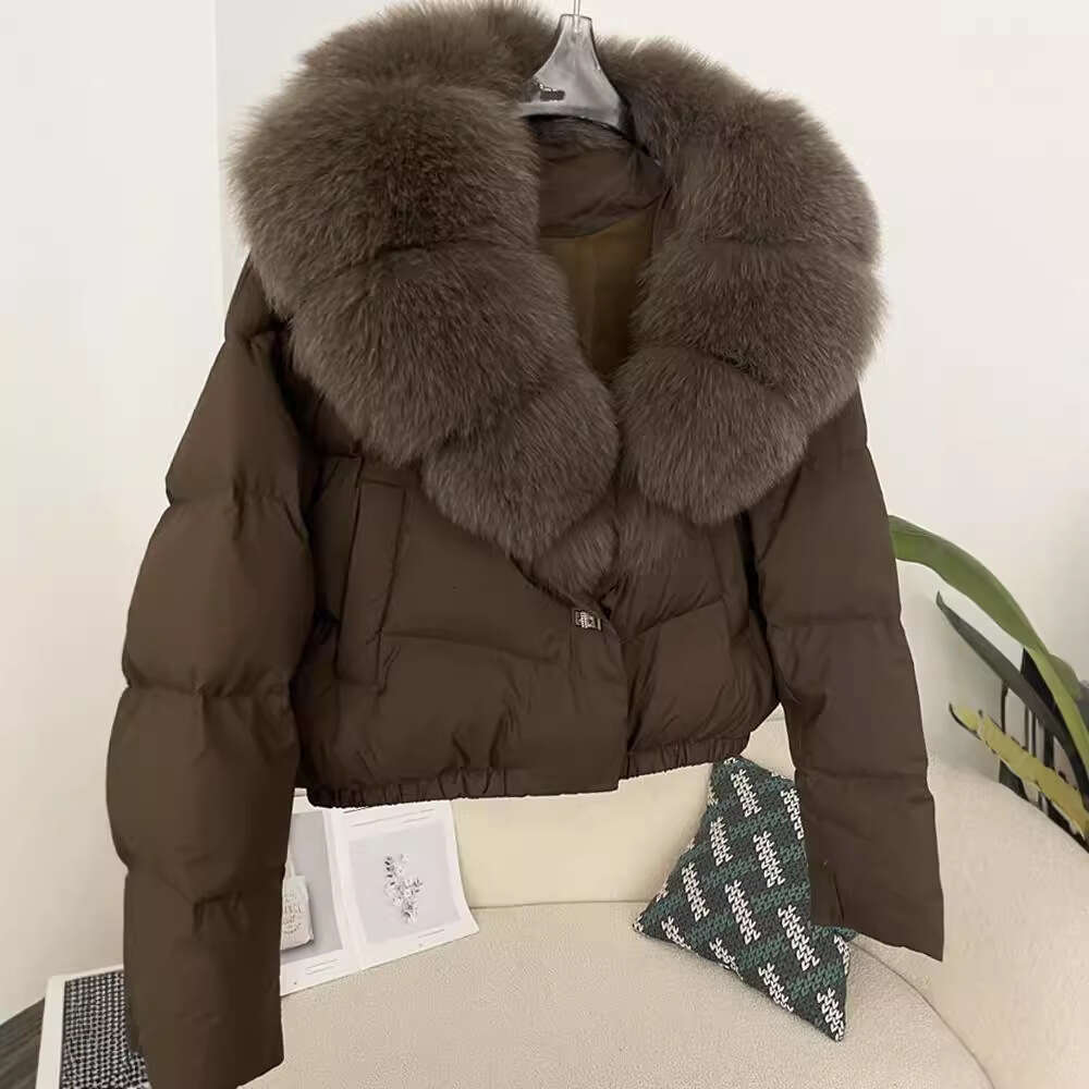 Women's Clothing Winter new style women's short fashionable warm down jacket small size stylish oversized real fox fur collar coat