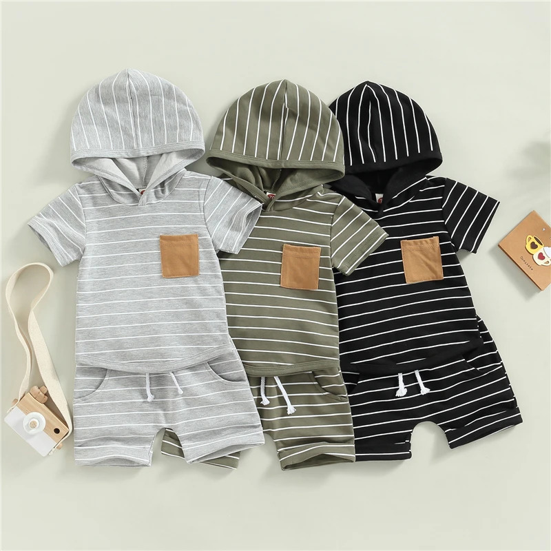 Toddler Baby Boys Summer Clothing Outfits Stripes Short Sleeve Hooded Sweatshirt and Casual Elastic Drawstring Shorts Set 250813