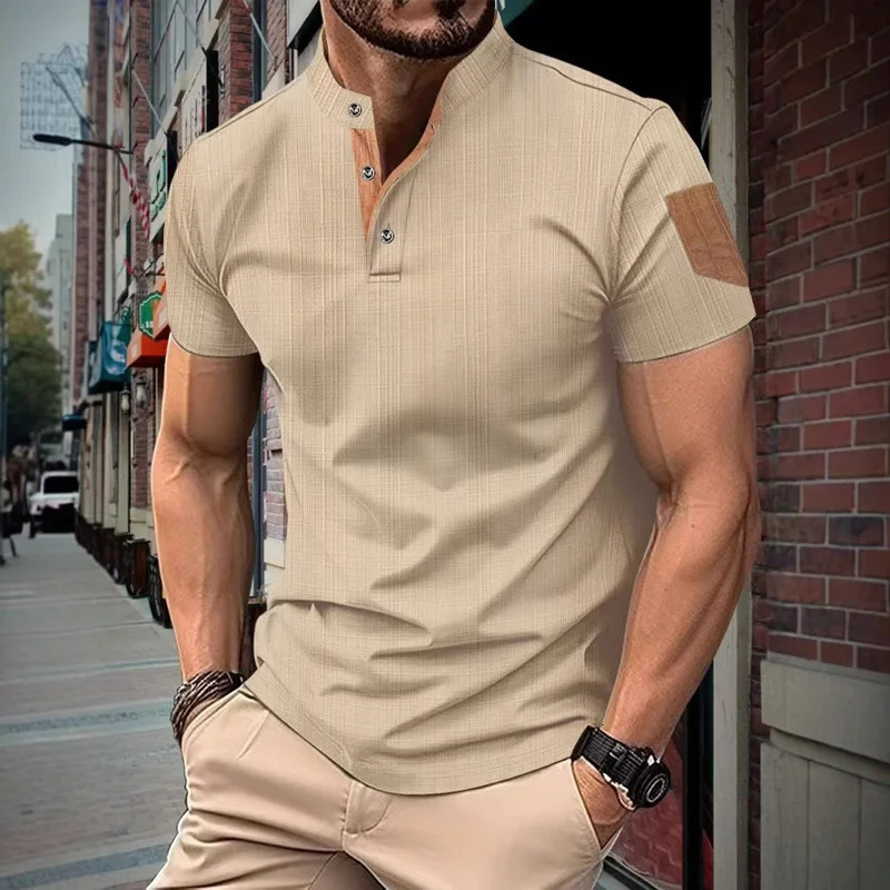 Mens summer fashion short sleeved T-shirt mens business casual Henley shirt breathable solid color stand up collar top 250813