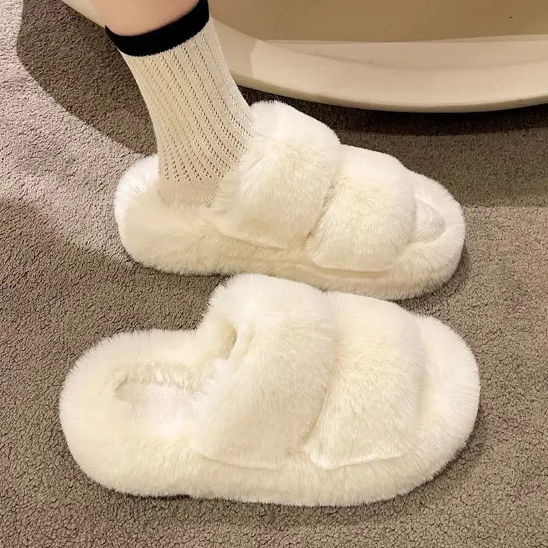 Winter Fluffy Slippers Women 2024 House Home Fur Slippers For Women Flat Platform Cozy Fuzzy Indoor Shoes Korean Slides 250814