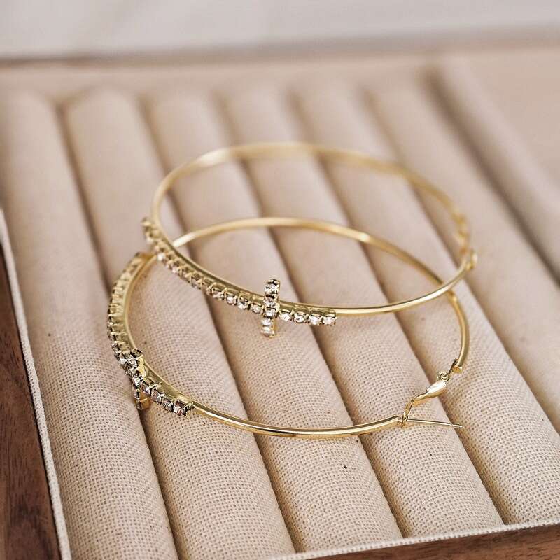 Accessories Gold Cross Inlaid with Dias Simple Hoop Unique Exaggerated Circle Earrings Studs for Women