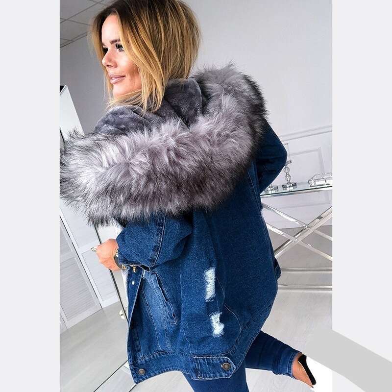 Winter Vintage Ripped Pocket Stitching Baggy Coat Women's Denim Plush Coat Women Long Sleeve Single-Breasted Hooded Denim Jacket