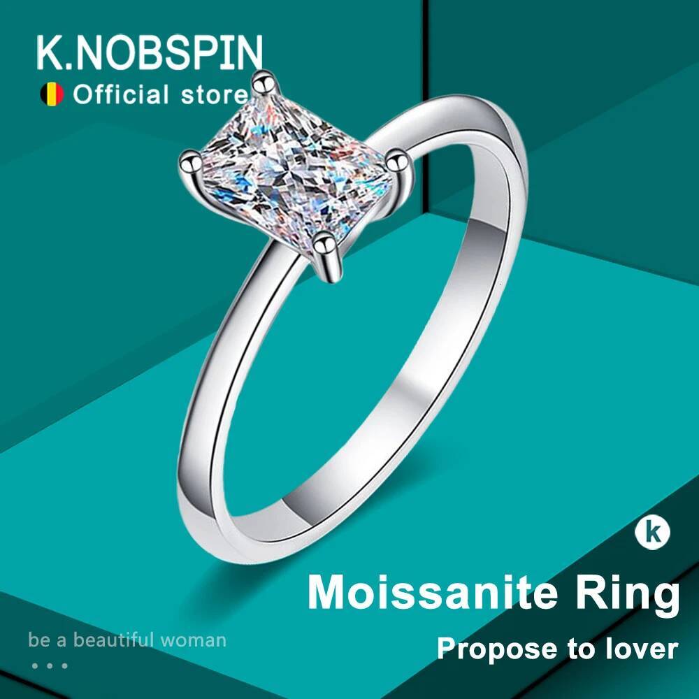 KNOBSPIN 1ct Radiant Moissanite Rings For Women Wedding Jewelry with GRA 925 Sterling Sliver Plated 18k White Gold Diamond Bague