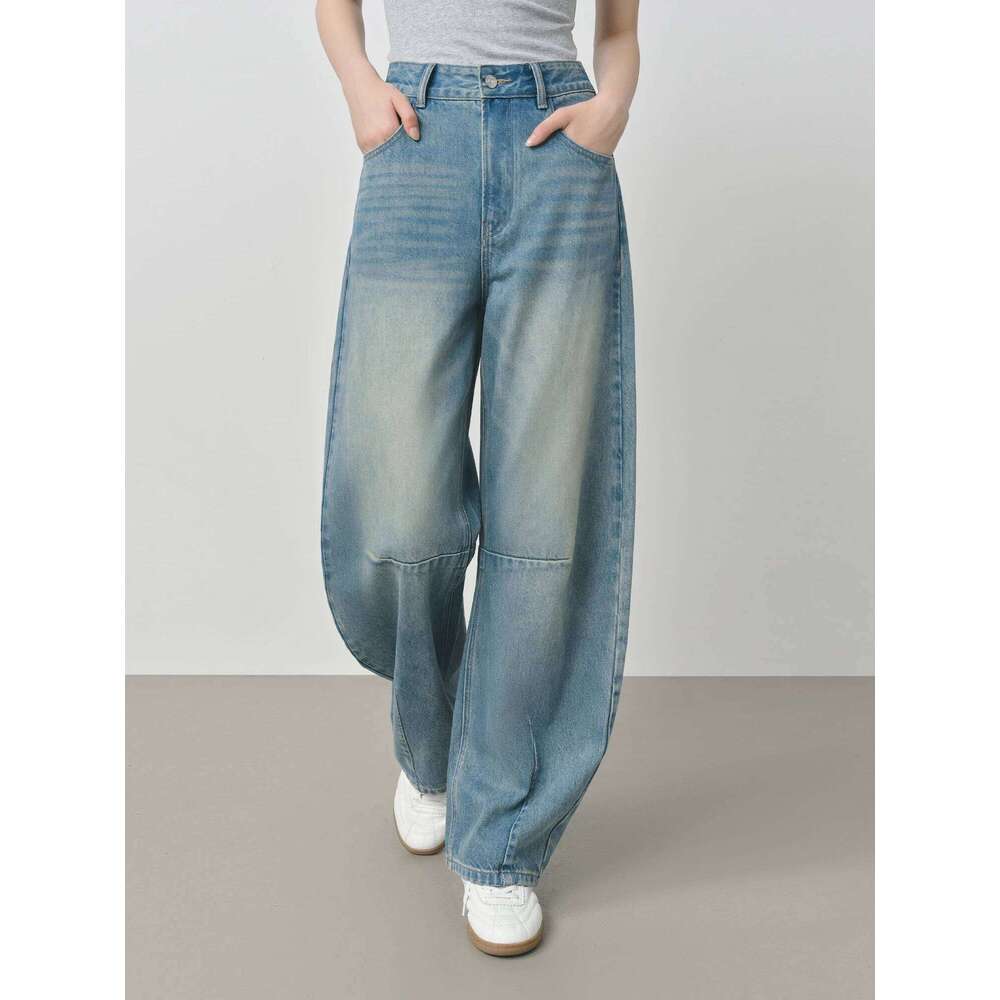 FSLE Design Relaxed High Waist Women's 2025 Autumn New Arrival Slashed Jeans Trousers 25FS13105