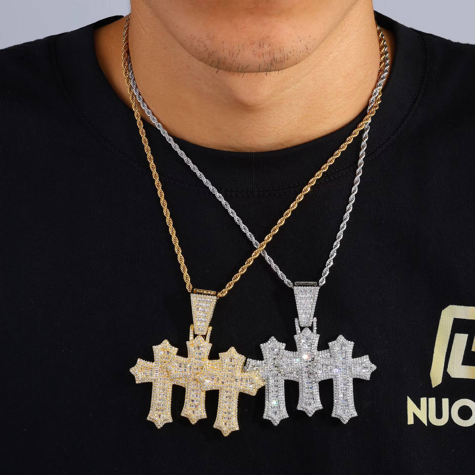 Hip Hop New Style 925 Sterling Silver Sparkle VVS Iced Out Men Moissanite Jewelry Cross Pendant Chain Link Triple Cross Charm