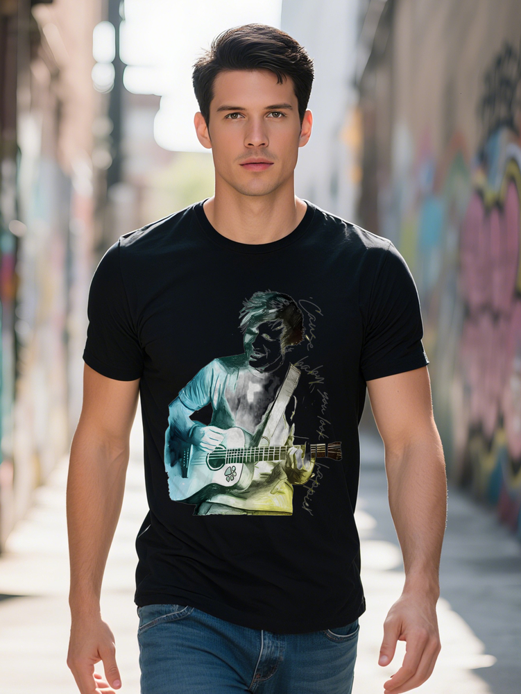 Men S Casual Guitar Player Graphic T-Shirt Black Crew Neck Tee with Artistic Print Perfect Gift for Music Lovers