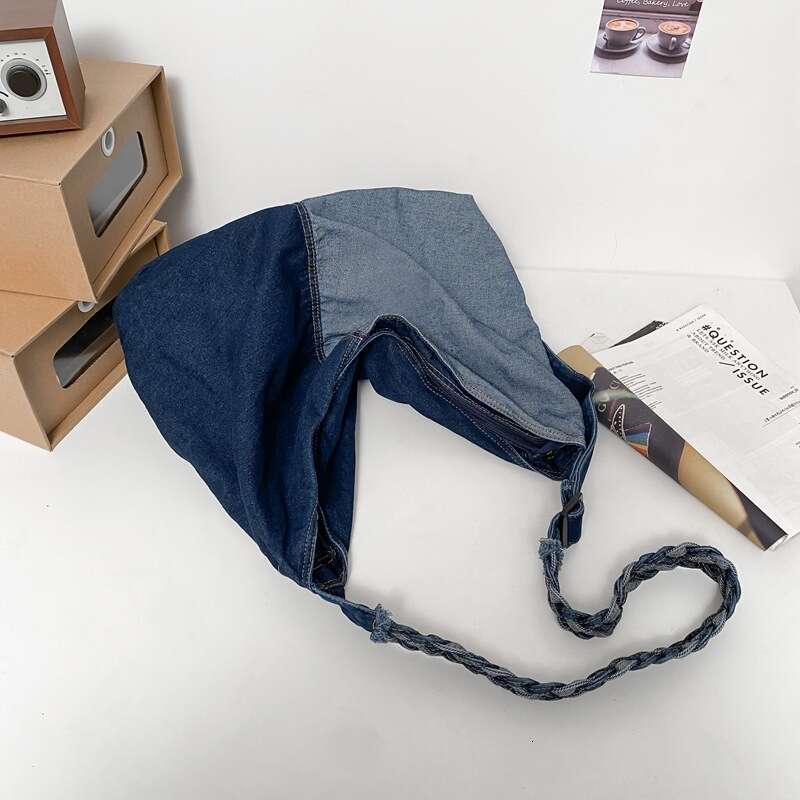 New Korean Version Ins Color Block Denim Crossbody Bag for Women, Lazy Style Large Capacity Shoulder Bag, Bags Designer Women Artistic Student Backpac