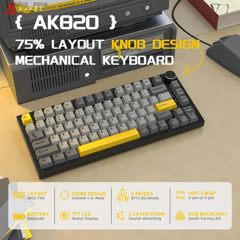 AJAZZ AK820 / AK820PRO TKL Gaming Mechanical Keyboard 75% 82 Keys Gasket Hot Swap Wired Bluetooth Wireless Keyboard for Mac/Win Z250814