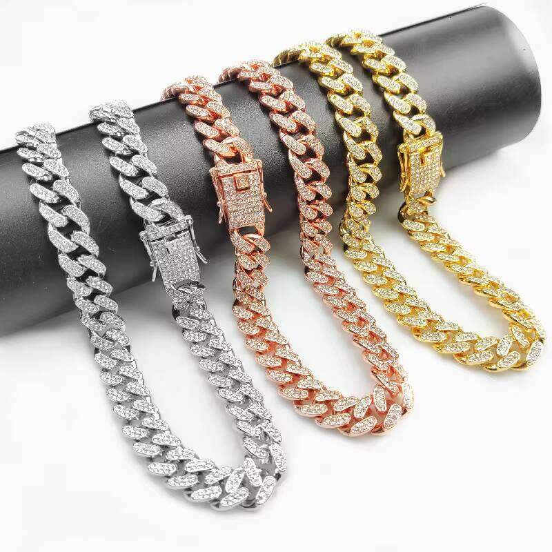 13mm Miami Gold Cuban Chain Necklace Iced Out Curb Bling Hip Hop Jewelry Rhinestone Bracelet for Men and Women