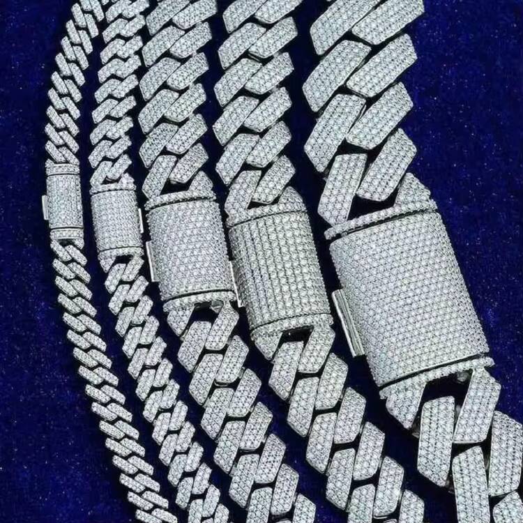 Pass Diamond Tester Gra Hip Hop S925 Silver Iced Out Bling 3 Rows 14Mm 16Mm 18Mm 20Mm Blue Vvs Moissanite Cuban Link Chain