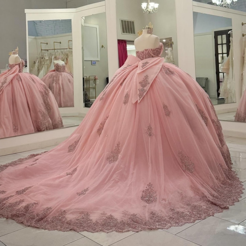 Pink Shiny Quinceanera Dresses Off The Shoulder Sequin Applique Lace Beading Bow Tull Party Birthday Ball Gown Vestidos De 15 Anos Sweet 16 Dress