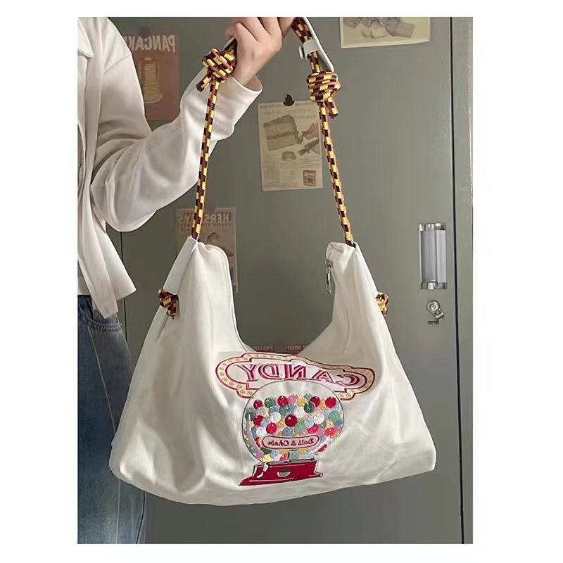 Versatile Large Capacity Canvas Spring Summer Embroidered Tote Students Class Commuting Bag for Women