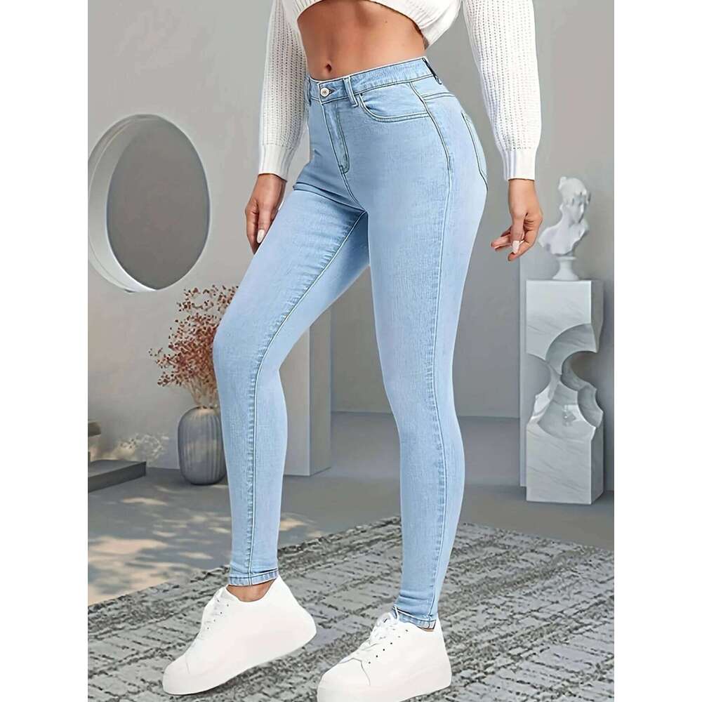 Women's High Waisted Elastic Slim Jeans Slanted Pockets Washed Blue High-Quality Comfortable Fit Suitable for Daily Wea