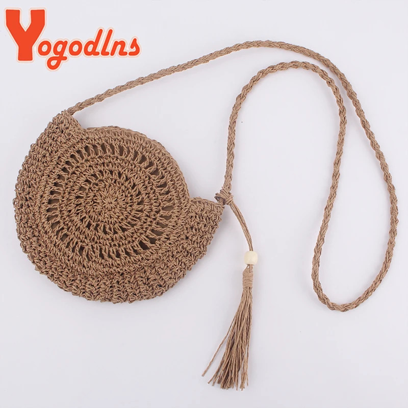Yogodlns Round Soft Paper Rope Shoulder Bag Tassel Summer Beach Handmade Crossbody Bags Women Hollow Straw Bag Circle Rattan Bag250813