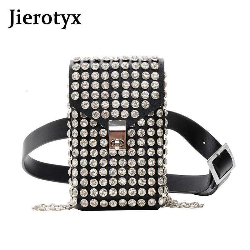 JIEROTYX Full Rhinestone Women Phone Bags Detachable PU Leather Waist Belt Shoe chain Crossbody Shoulder Bag Pack
