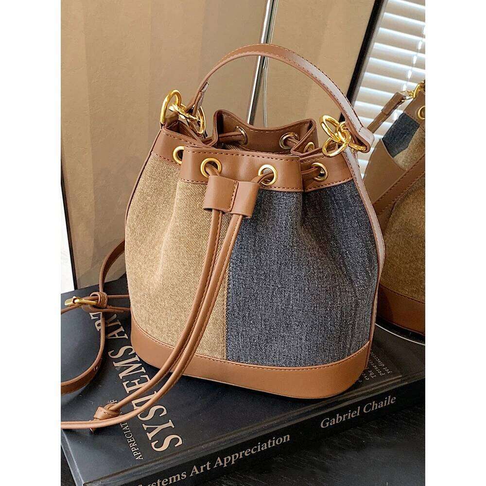 Vintage Women Bucket Bag Contrast Color String Handle Bags Large Capacity Female Commuting Messenger Shoulder Pack