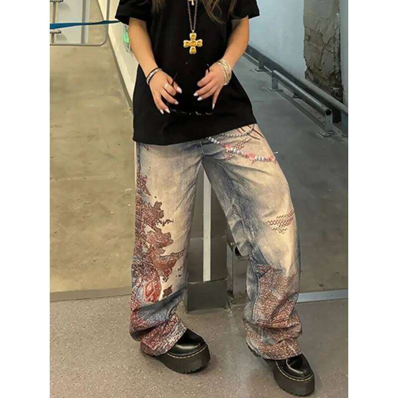 American High Street Casual Women's Jeans Straight Leg Print Deconstructed Denim Pants Loose Fit Comfortable Fashion Summer