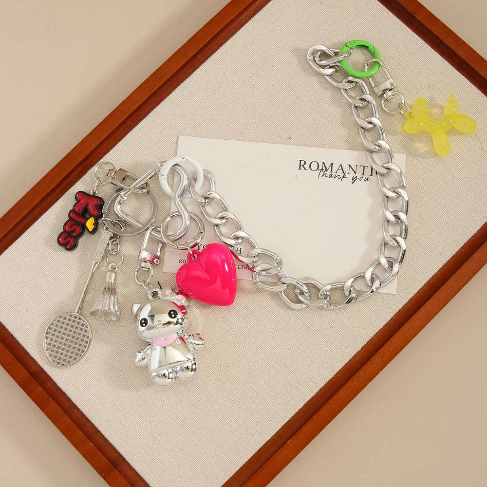 Cute Cartoon Kitty Cat Bag Pendant Heart Badminton Keychain Balloon Dog Minimalist Double Buckle Chain Ornament