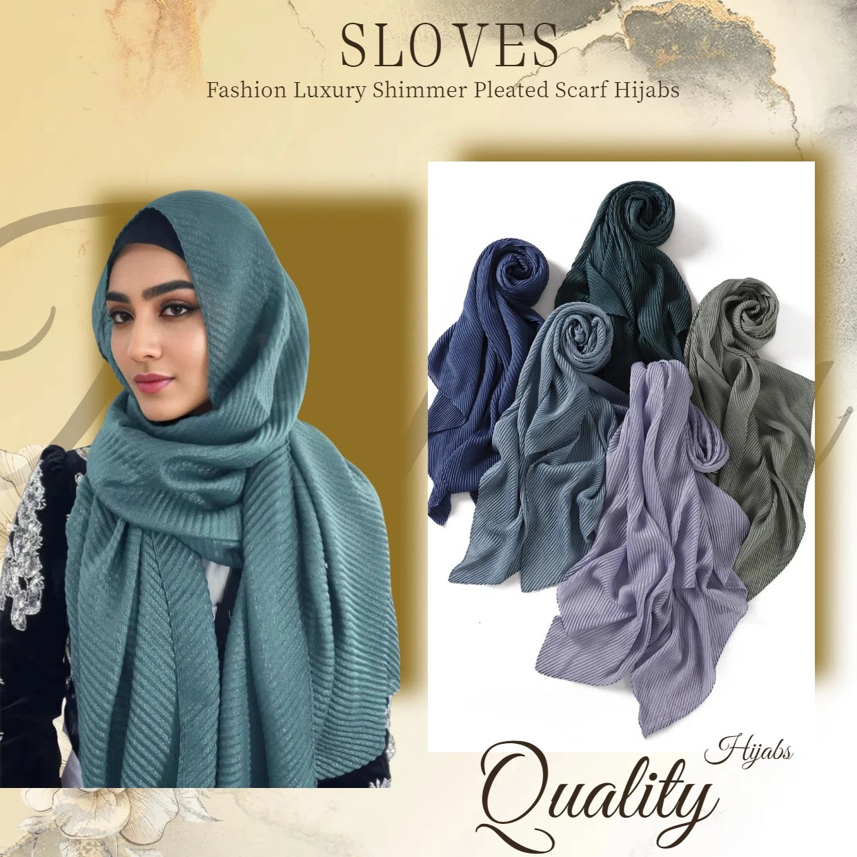 High Quality Breathable Womens Shiny Pleated Hijab Scarf Fashion Polyester Golden Sliver Crinkle Head Wraps Islamic Turban 250808