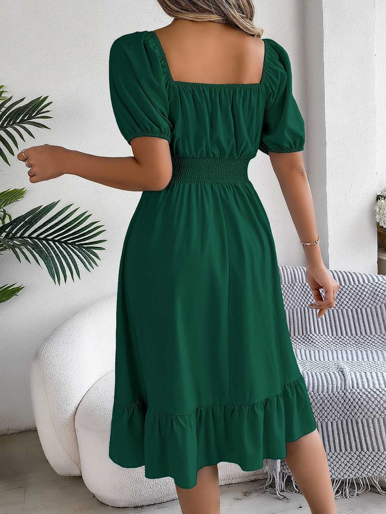 Spring and Summer Ele High Waisted Dress Square Neck Short Sleeve Ruffled Edge Long Dresses for Women XJ250814