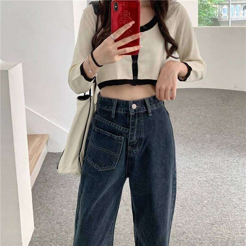 Autumn Spring Women Denim Vintage Straight Trousers Fashion Female Solid Pocket Casual Jeans Wide Leg Pants