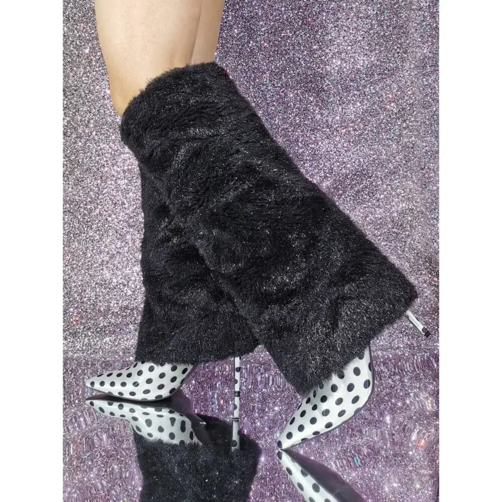 Polka Dot Pointed Toe Shark Boots 2025 Winter Women Black Velvet Warm Knee-High Boots Thin Heel Fashion Catwalk Boots 250812