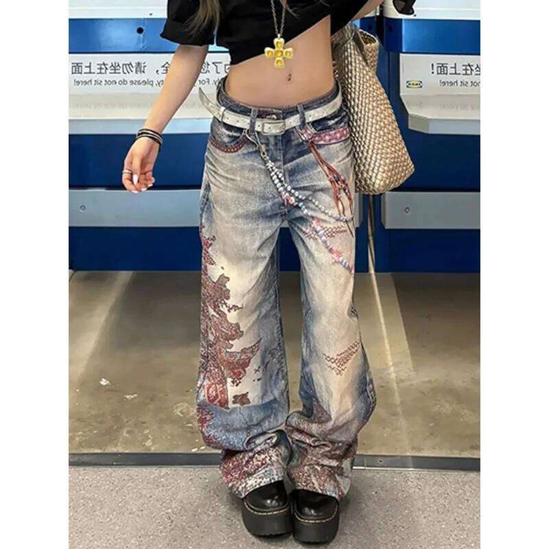 American High Street Casual Women's Jeans Straight Leg Print Deconstructed Denim Pants Loose Fit Comfortable Fashion Summer