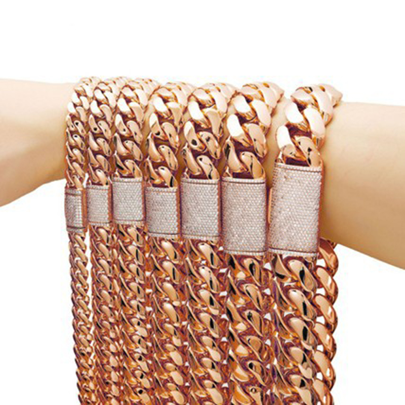 8-22mm Stainless Steel Miami Cuban Chain Copper Clasp Rose Gold Plated Jewelry Mens Necklace Jewelry