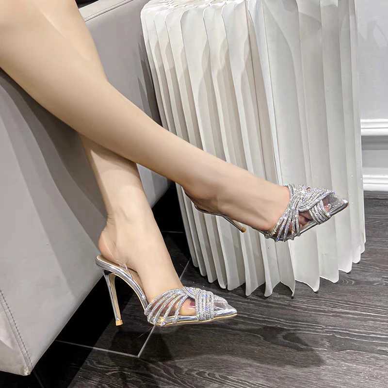 10cm Thin High Heels Women Sandals Fashion Transparent Rhinestone Slingbacks Gladiator Sandals Summer Party Prom Shoes W250814