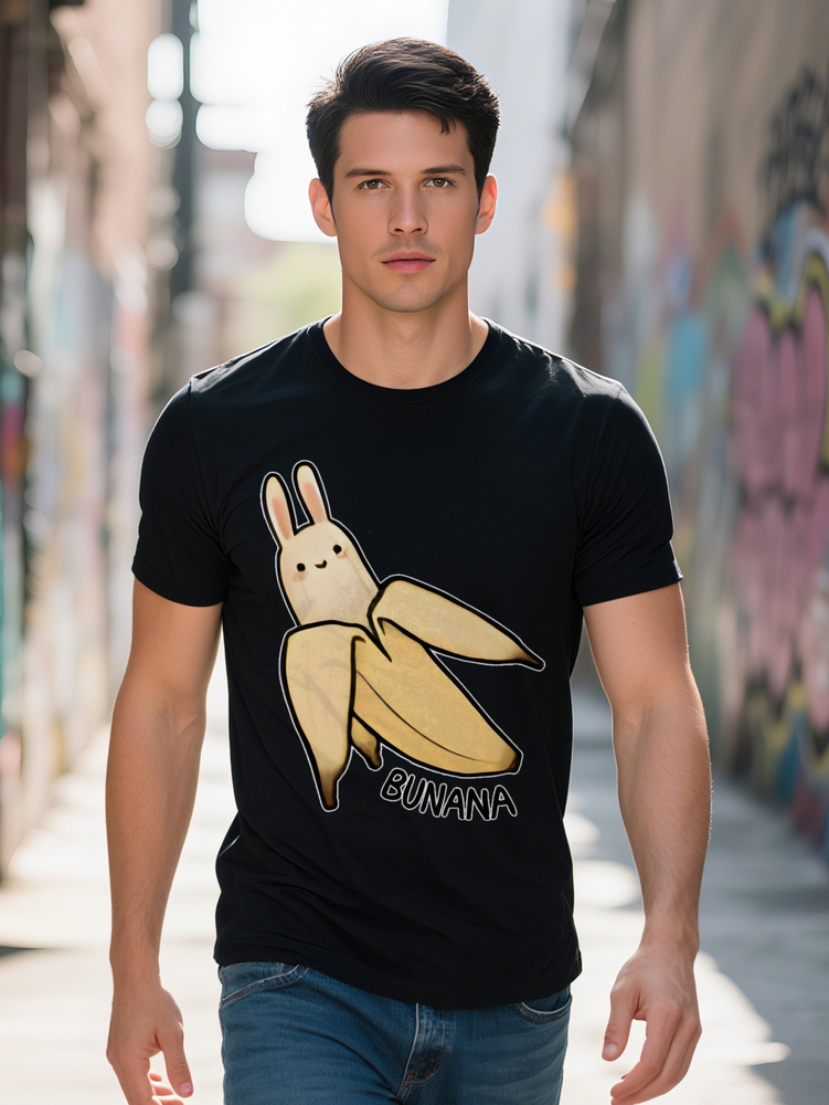 Men s Casual Graphic T Shirt with Playful Banana Rabbit Ears BUNANA Print Black Summer Tee Regular Fit Fun Gift