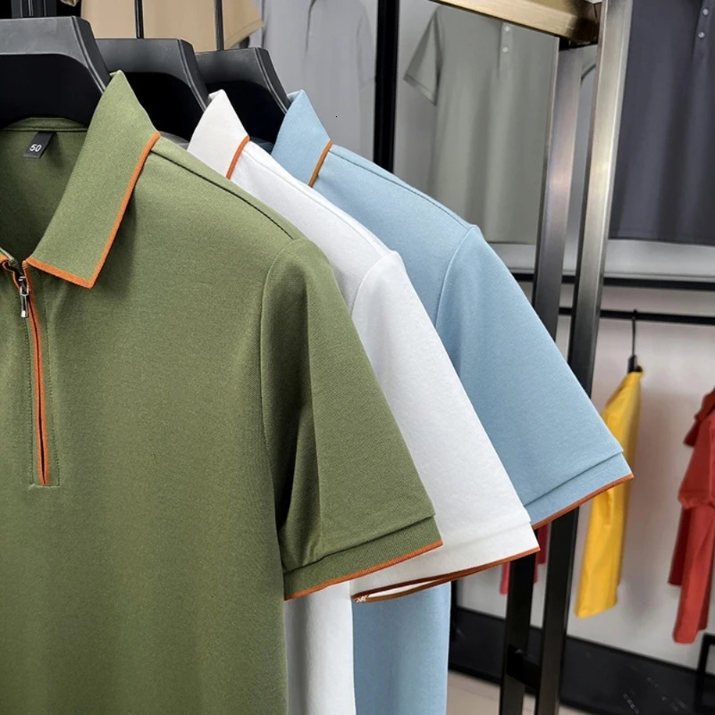 Mens Silk Zipper Polo Shirt Short Sleeve Mulberry T-Shirt Metal Zipper Stand Collar Casual Summer Top Cotton Linen Tee 250813