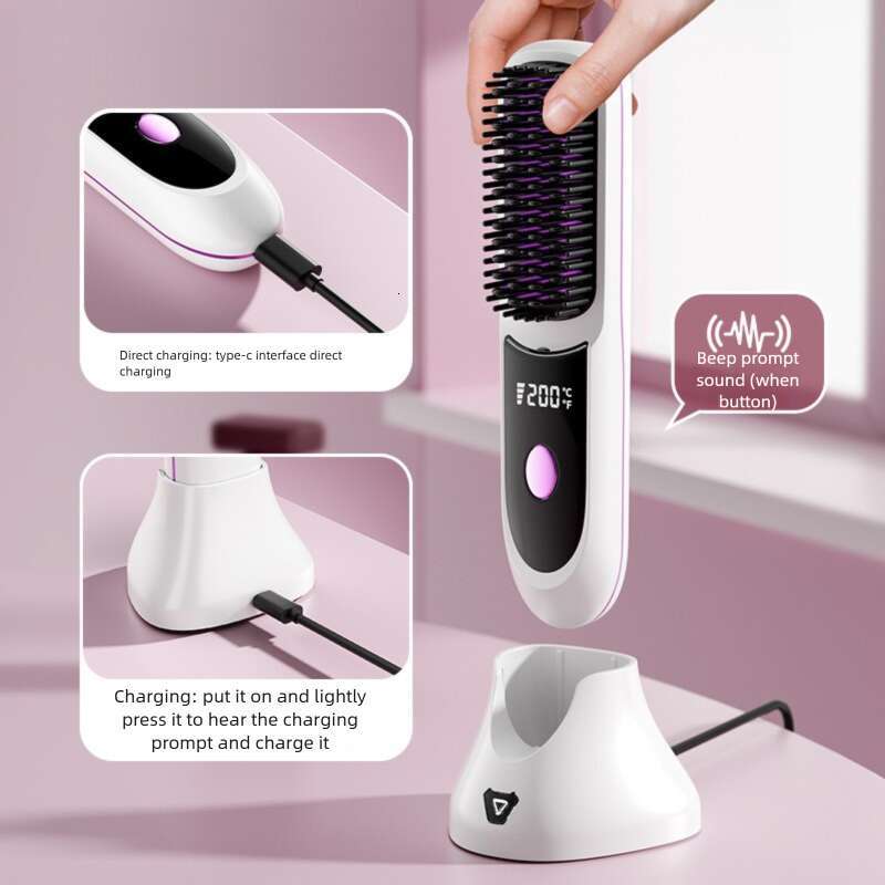 New Wireless Hair Brush Negative Ion Non Damaging Long Battery Life Portable Dual Use Curling And Straightening Iron