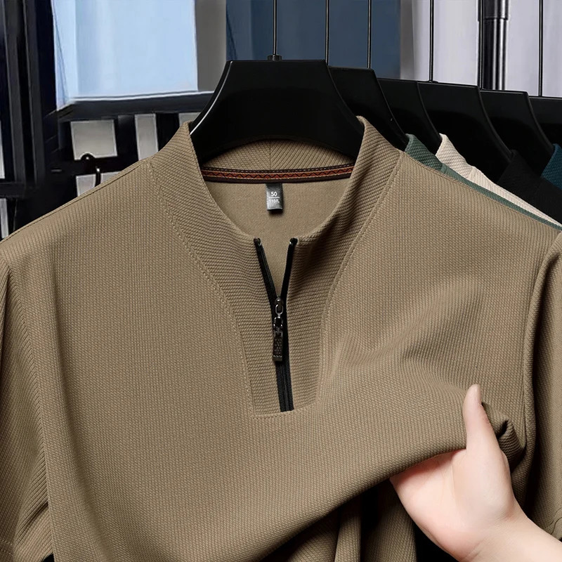 Half Zip Ice Silk Short Sleeved T-shirt for Men Mens Lapel 2025 Summer Collection Breathable Polo Shirt 250813