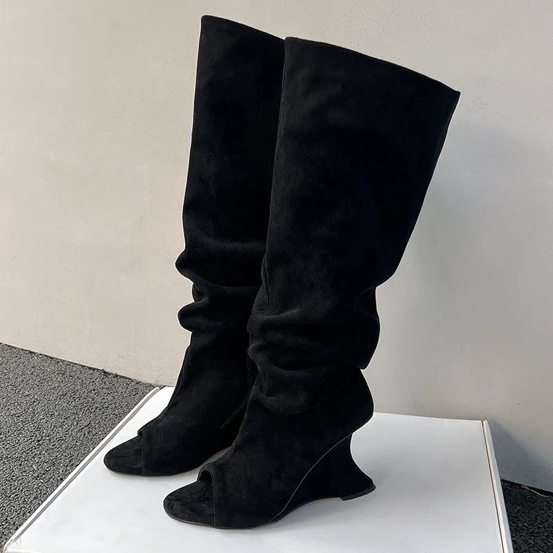 MKKHOU Fashion Knee length Boots Womens High Quality Suede Open Toe Fish Mouth Boots with Folded Wedge Heels High Boots 250812