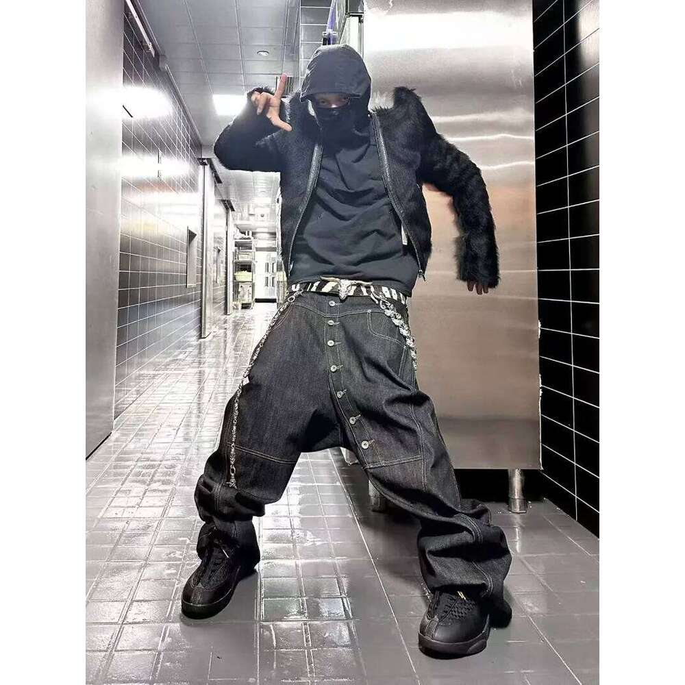 Hip-hop high street fashion diagonal breasted dark men trendy camouflage patchwork high-waisted jeans casual loose pants