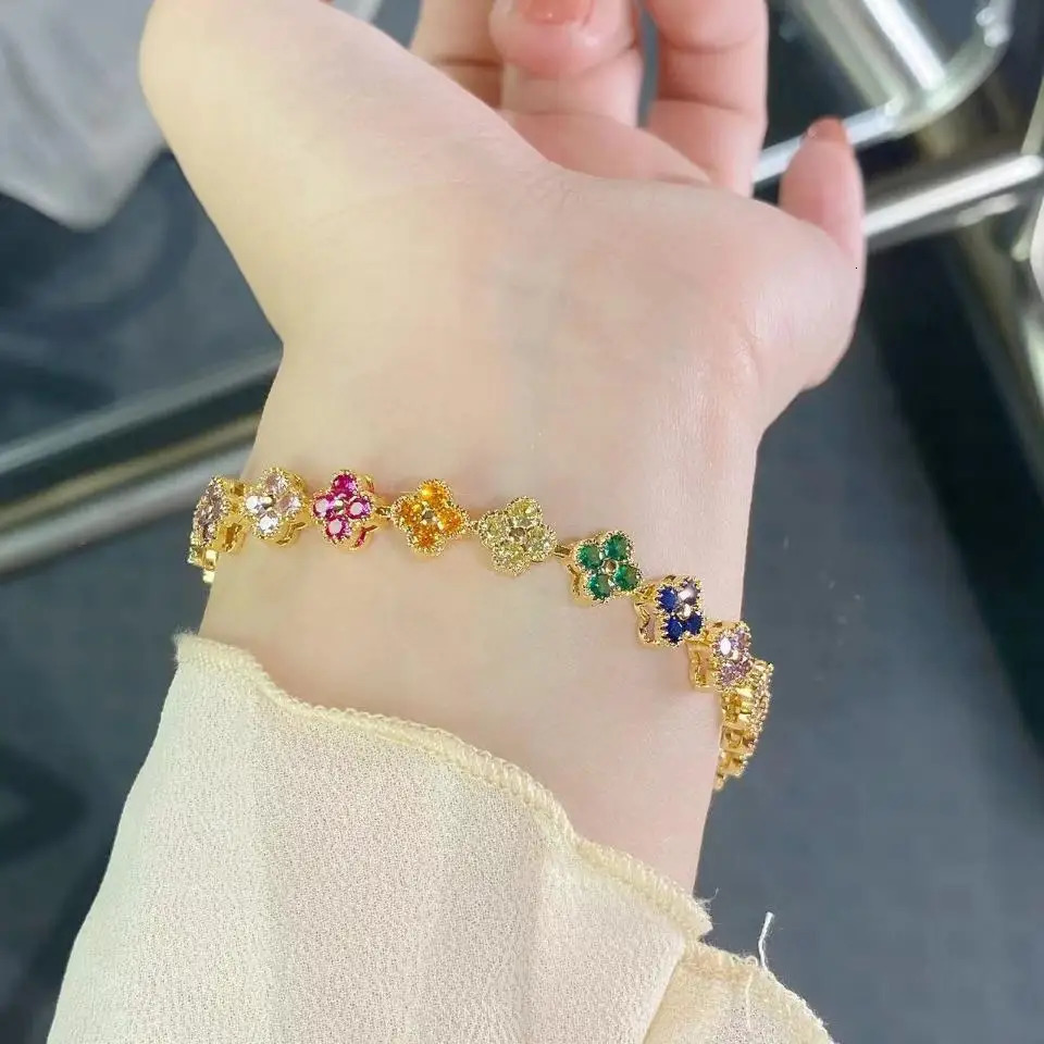 UILZ 1pc Rainbow Colorful Clover Zircon Bracelet Fashion Charm Gorgeous Charm Exquisite Cute Sweet Shining Crystal Jewelry Gift 250808