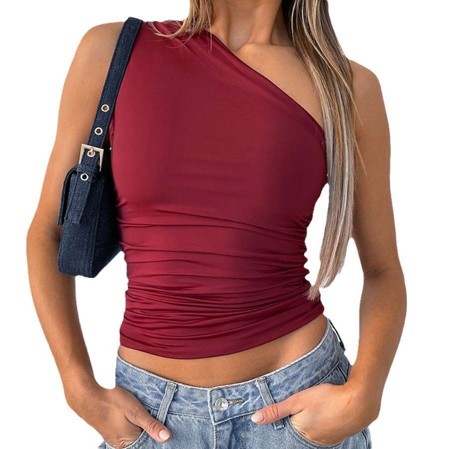 AYJ24S016 Women's Sexy Asymmetrical Shoulder Ruched designer t shirt Tight Tank Inner Elegant Tube Top Outer Wear