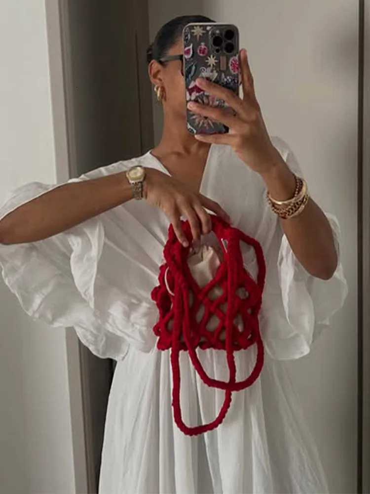 Solid Patchwork Ruffle Hem Loose Dress Chic V-neck Half Sleeve High Waist Long Dresses 2025 Fe Summer Daily Comte Gowns XJ250814