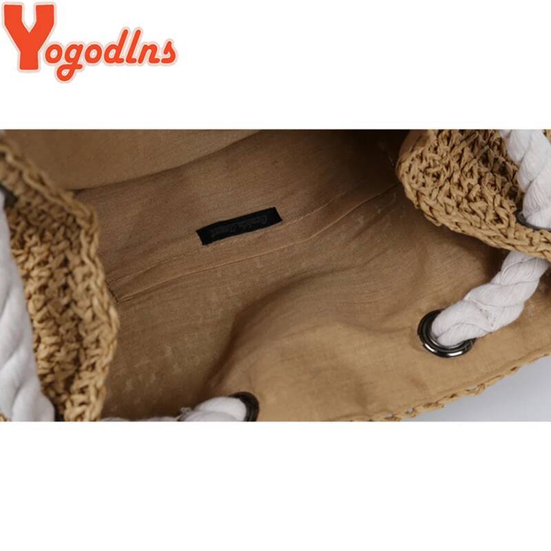Yogodlns New Summer Women Straw Backpack Handmade Beach Drawstring Knapsack Knitted Crocheted Shoulder Travel Bag high-quality