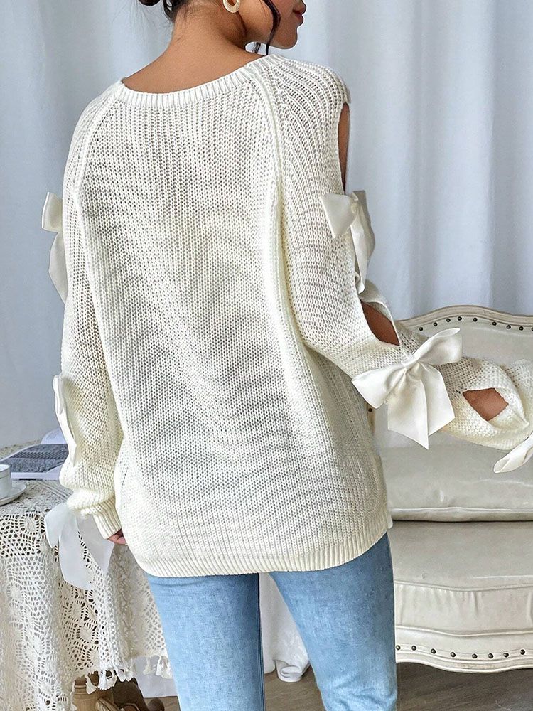 Fashionable bow details hollowed out raglan sleeves knit sweater round neck minimalist sweater