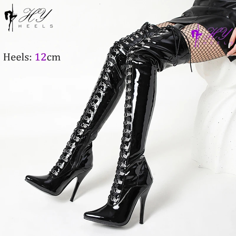 Sexy Black Over-The-Knee 12Cm/5Inchs Thigh High Boots Shiny Leather Long Stripper Women Boots High Heels Shoes Female 250812