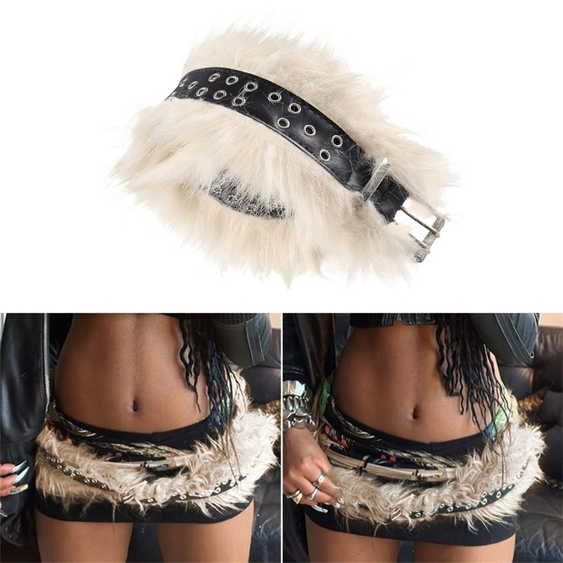 Punk PU Leather Fur Belt Y2K Metal Studded Plush Waist Chain Faux Fur Belts Furry Sexy Vintage Waistband Hiphop Jeans Belt 250814