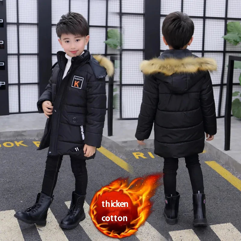 Boys Long Jacket Coat Overcoat Cotton Blue Black Khaki Warm Thicken Winter Plus Size Childrens Clothing 250813
