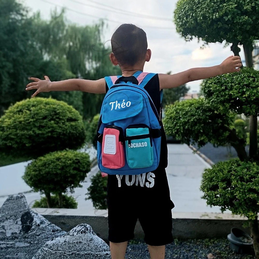 Boys Girls Colored Schoolbag Childrens Backpack Custom Name Childrens Double Pocket Large Capacity Outdoor Travel Bag 250813