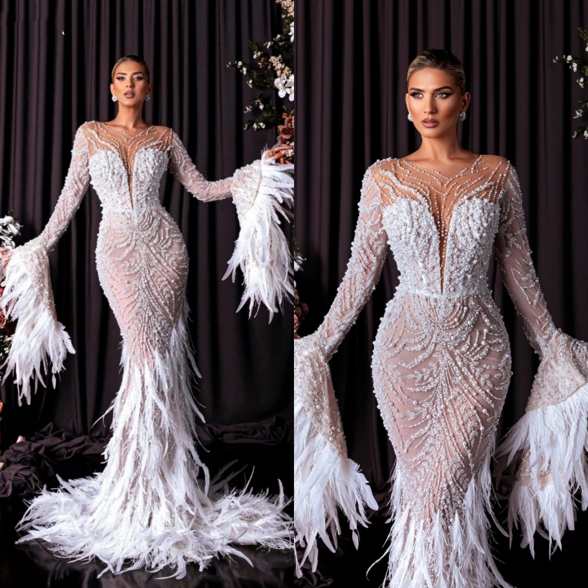 Illusion Sequined Lace Wedding Dresses Women Sexy Pearls Feathers Mermaid Bride Dresses Customized Sexy Floor Length Bridal Gown