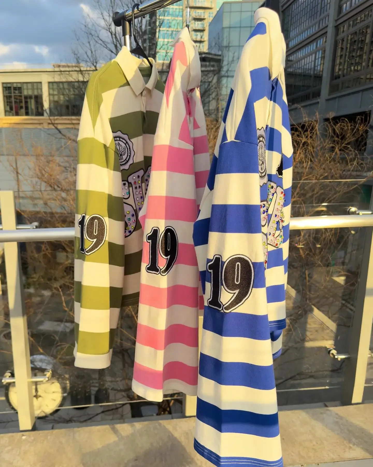 Sume Gem Stone Embroidery Rugbys Long Sleeved Tshirt Men Women Harajuku Hip Hop Stripe Polo Shirt Classics Lapel Neck 250809