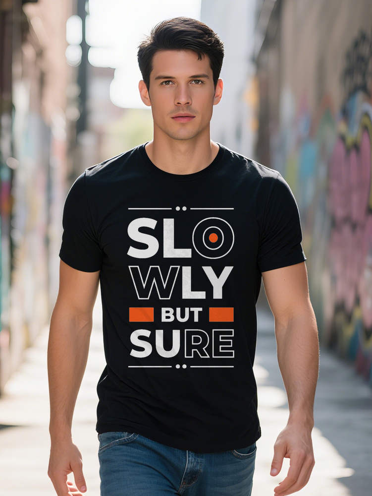 Men s Graphic T Shirt SLOWLY BUT SURE Bold Letter Print with Red Circle Design Black Round Neck Summer Tee Regular