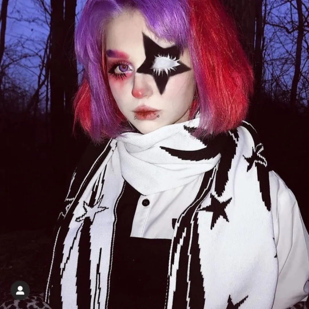 Fashion creative star Y2K striped knitted womens scarf mens winter scarf apron black tassel luminous Y2K Kpop 250813