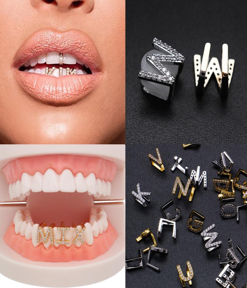 Gold White Gold Iced Out AZ Custom Letter Grillz Full Diamond Teeth DIY Fang Grills Bottom Tooth Cap Hip Hop Dental Mouth Teeth9756550