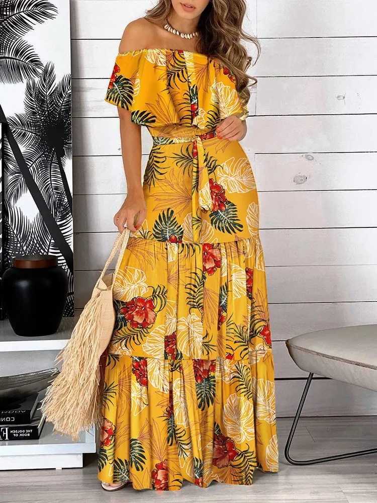 Fashion Print Off Shoulder Long Dresses Women Summer Ruffles One-piece Collar Lace-up Maxi Dress Fe Comting New DressesXJ250814